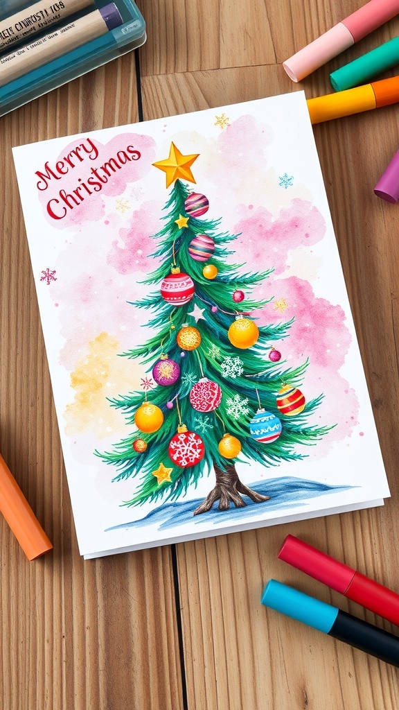 A colorful oil pastel Christmas card with a decorated tree and snowflakes on a wooden table.